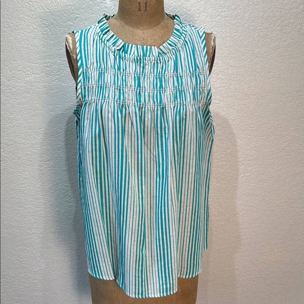 Lilypad Women's Medium Striped Teal White Ruched Ruffle Sleeveless Top‎ NWT